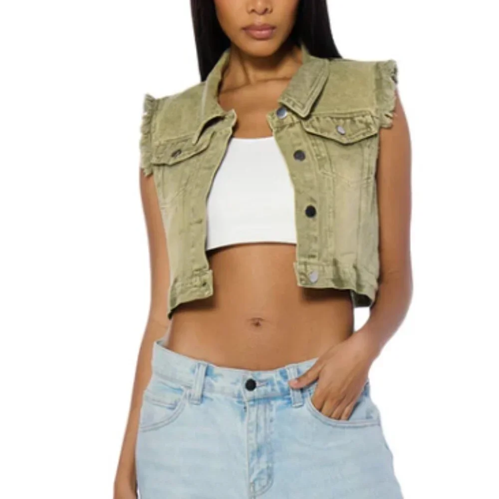 Callie Lives Miz Stone Washed AKIRA Olive Denim Crop Vest S M L XL - Picture 4 of 7